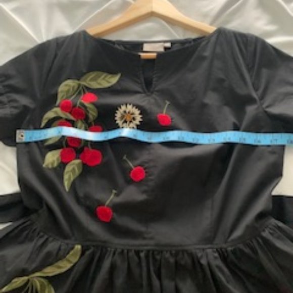 Custom Black Embroidered Fit & Flare Retro Cherry & Daisy dress boat neck - Picture 7 of 7